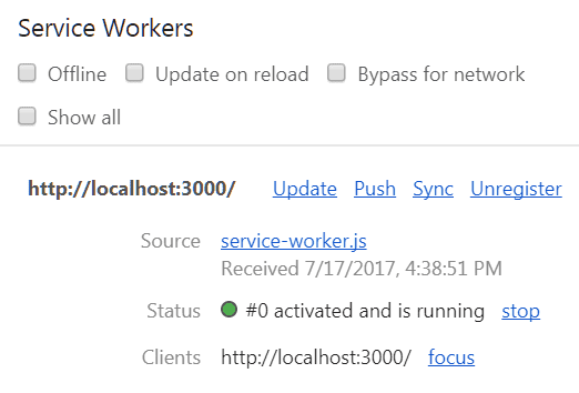 Our Service Worker running on Chrome Dev Tools